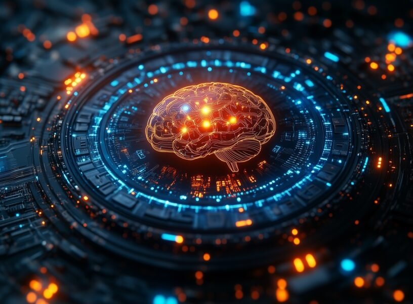Ai,Brain,Motif,,Centered,On,A,Circular,Platform,In,Blue